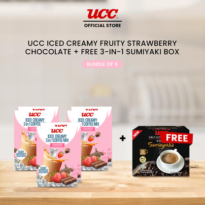 UCC Iced Creamy Fruity Strawberry Chocolate 3-in-1 Coffee Mix (Bundle of 6) with Free UCC 3-in-1 Sumiyaki Box