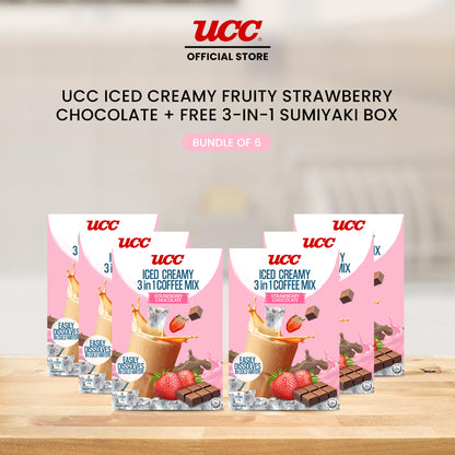 UCC Iced Creamy Fruity Strawberry Chocolate 3-in-1 Coffee Mix (Bundle of 6) with Free UCC 3-in-1 Sumiyaki Box