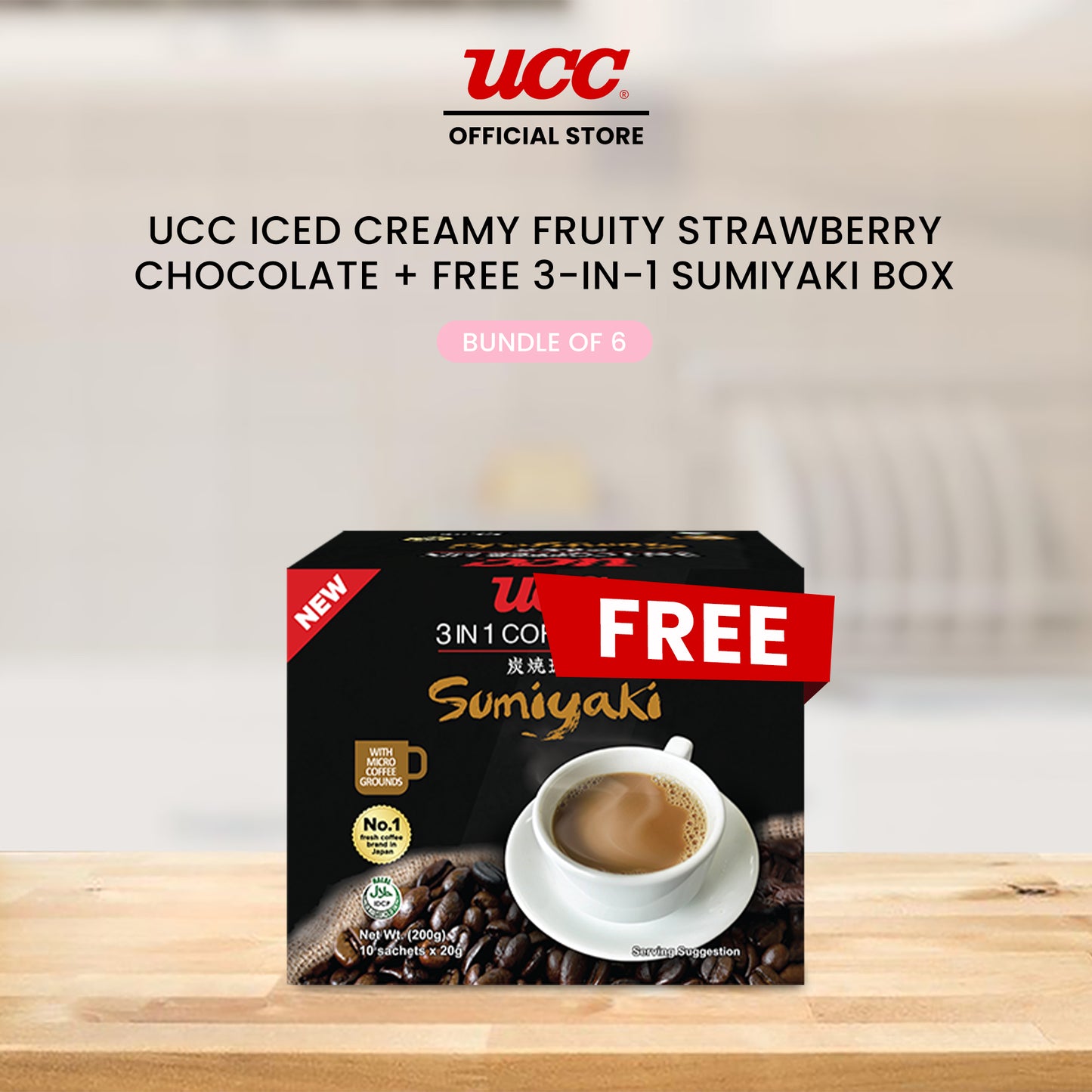 UCC Iced Creamy Fruity Strawberry Chocolate 3-in-1 Coffee Mix (Bundle of 6) with Free UCC 3-in-1 Sumiyaki Box