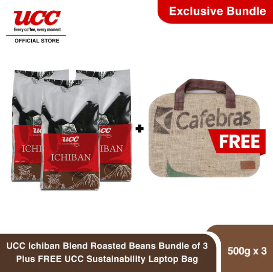 UCC Ichiban Blend Roasted Beans 500g Bundle of 3 Plus FREE UCC Sustainability Laptop Bag