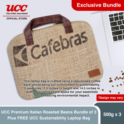 UCC Premium Italian Roasted Beans 500g Bundle of 3 Plus FREE UCC Sustainability Laptop Bag