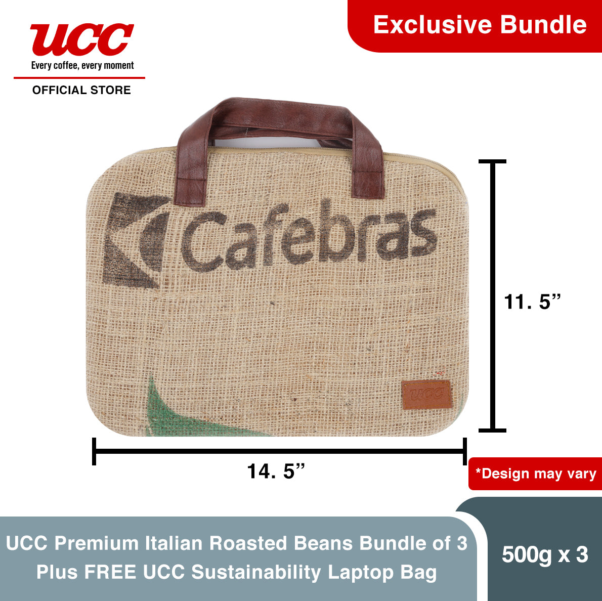 UCC Premium Italian Roasted Beans 500g Bundle of 3 Plus FREE UCC Sustainability Laptop Bag