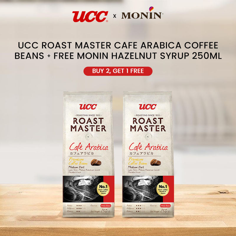 UCC Roast Master Cafe Arabica Coffee Beans 250g (Bundle of 2) Get 1 Free MONIN Hazelnut Syrup 250ml