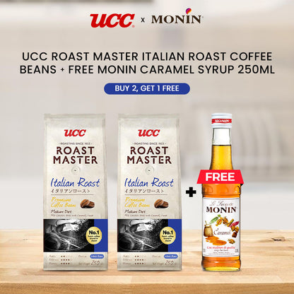 UCC Roast Master Italian Roast Coffee Beans 250g (Bundle of 2) Get 1 Free MONIN Caramel Syrup 250ml