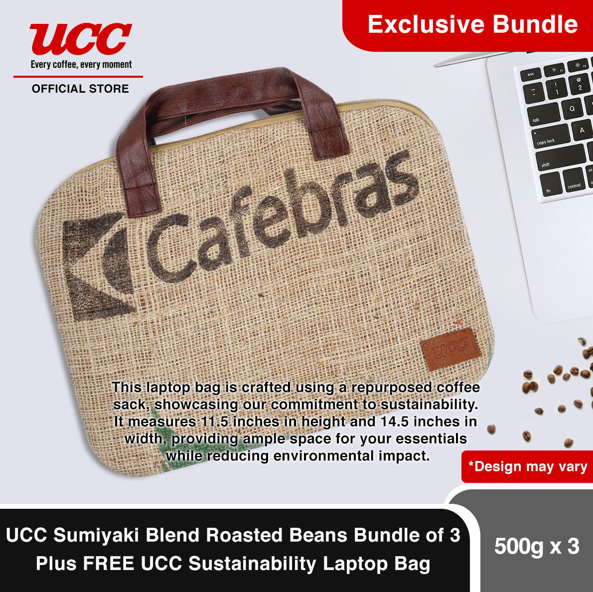 UCC Sumiyaki Roasted Beans 500g Bundle of 3 Plus FREE UCC Sustainability Laptop Bag