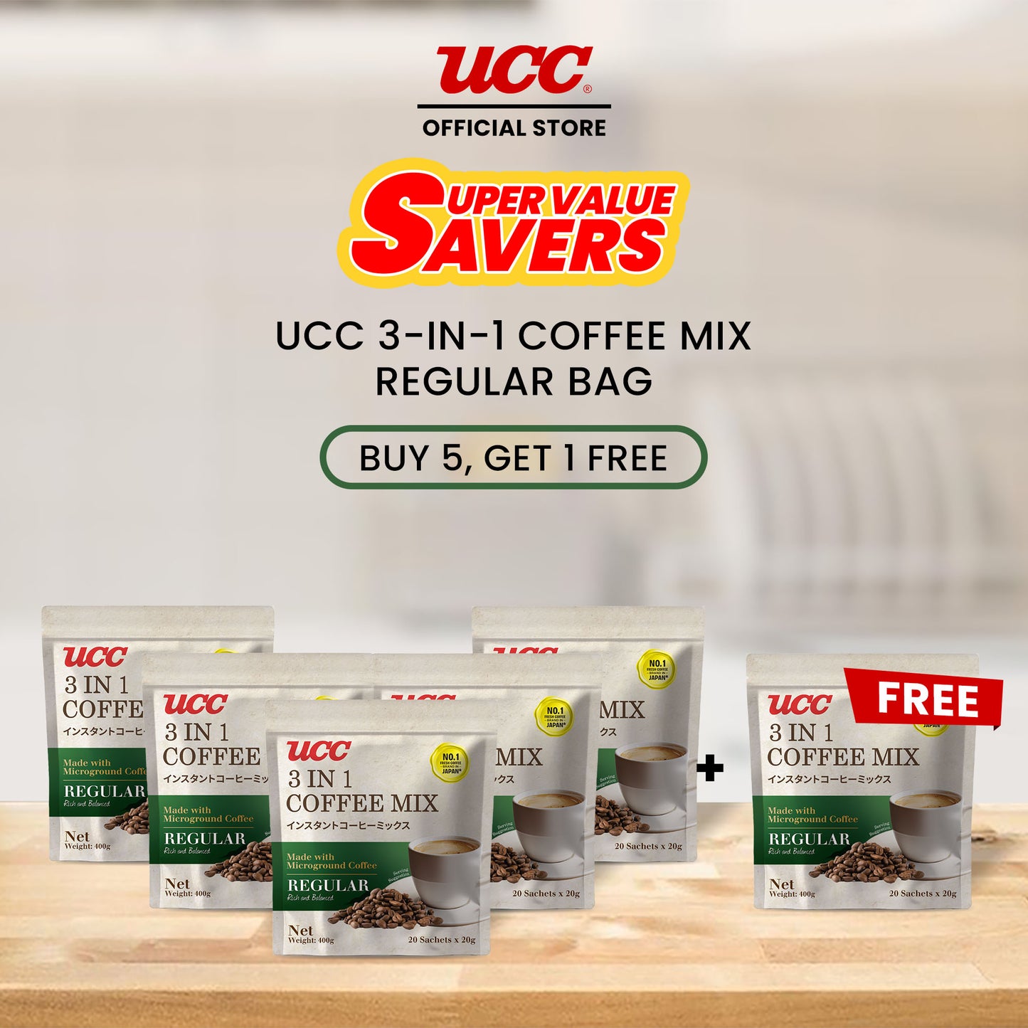 UCC 3-in-1 Coffee Regular Bag 20g x 20 (Bundle of 5) Plus 1 FREE