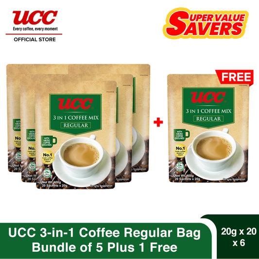 UCC 3-in-1 Coffee Regular Bag 20g x 20 (Bundle of 5) Plus 1 FREE