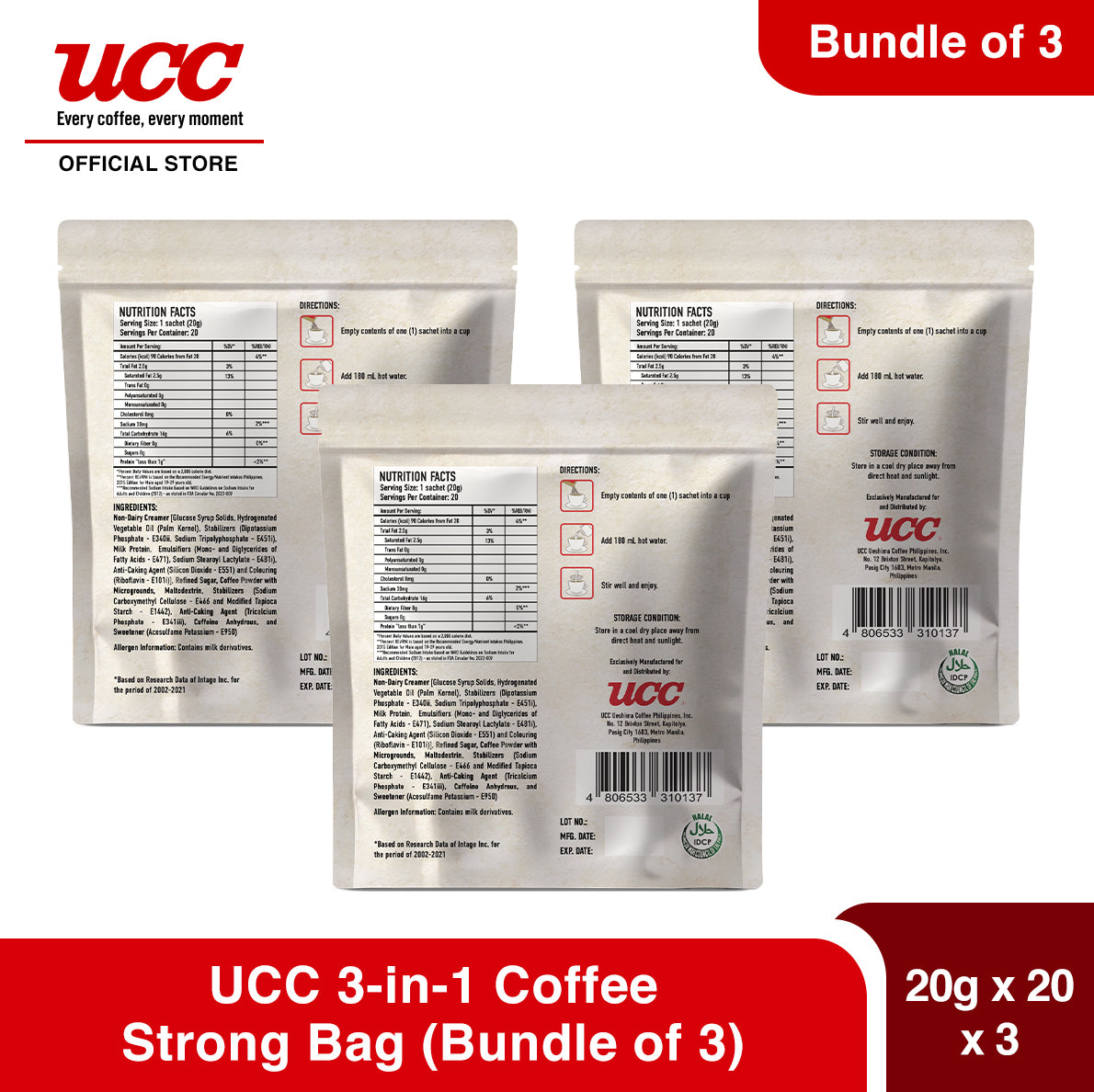 UCC 3-in-1 Coffee Strong Bag 20g x 20 (Bundle of 3)