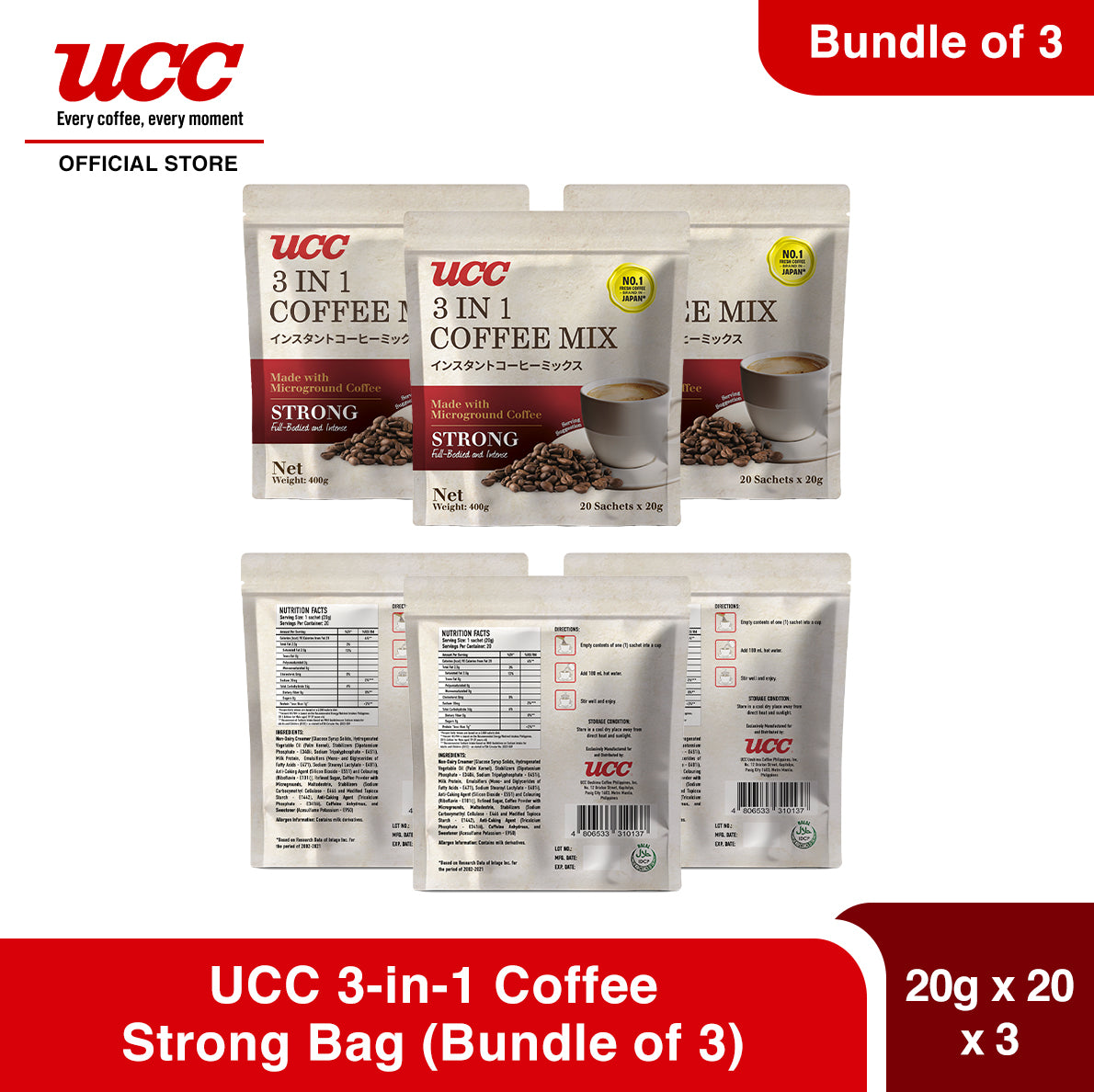 UCC 3-in-1 Coffee Strong Bag 20g x 20 (Bundle of 3)