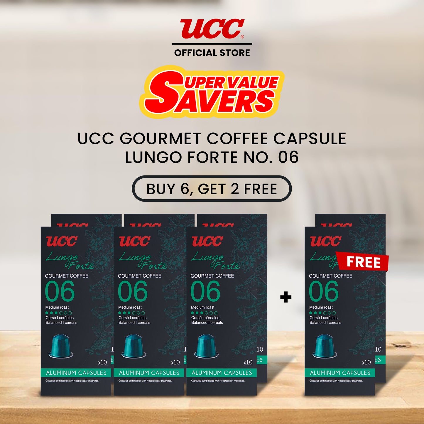UCC Gourmet Coffee Capsule Lungo Forte No. 06 - Buy 6, Get 2 FREE (Bundle of 8)