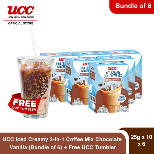 UCC Iced Creamy Chocolate Vanilla 3-in-1 Coffee Mix (Bundle of 6) with Free UCC Tumbler