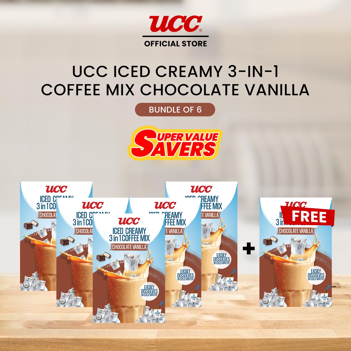 UCC Iced Creamy Chocolate Vanilla 3-in-1 Coffee Mix 25g x 10 (Bundle of 5) Plus 1 FREE