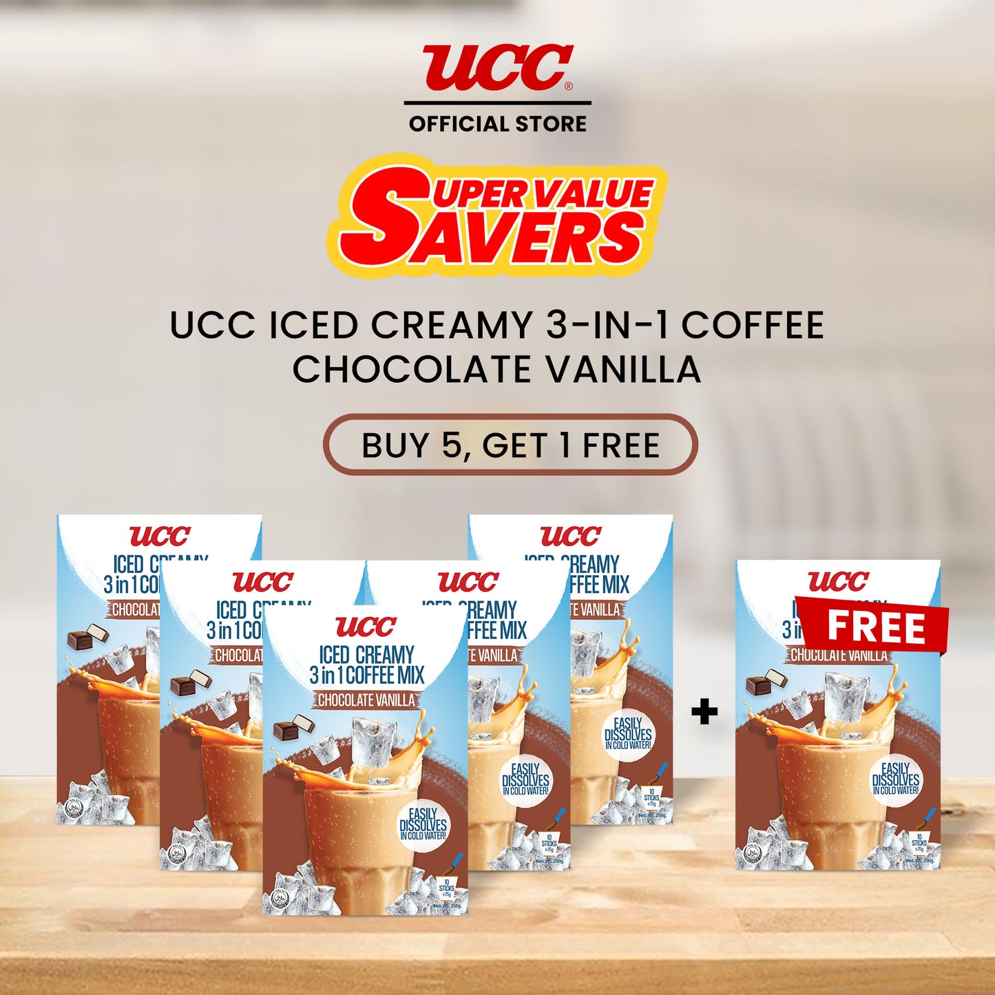 UCC Iced Creamy Chocolate Vanilla 3-in-1 Coffee Mix 25g x 10 (Bundle of 5) Plus 1 FREE